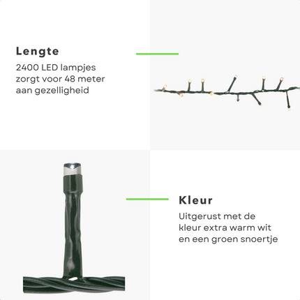 Cheqo® Kerstboomverlichting - Micro Clusterverlichting - Kerstlampjes - Led Verlichting - Kerstverlichting voor Binnen en Buiten - 2400 LED's - 48 Meter - Extra Warm Wit Clusterverlichting