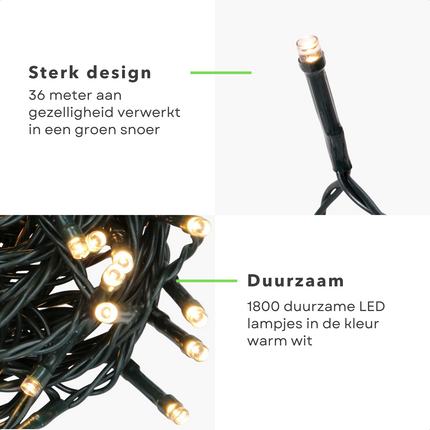 Cheqo® Kerstboomverlichting - Micro Clusterverlichting - Kerstlampjes - Led Verlichting - Kerstverlichting voor Binnen en Buiten - 1800 LED's - 36 Meter - Warm Wit Clusterverlichting