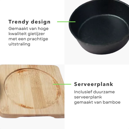 Cheqo® Gietijzeren Steelpan - Tapaspan - Ovenschotel - Voor in de Oven - Met Serveerplank - ø12.5cm Steelpan