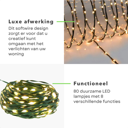 Cheqo® Draadverlichting - Kerstverlichting - Kerstlampjes - Kerstboomverlichting -  Lampjes Slinger - Lichtsnoer - LED Lampjes voor Binnen en Buiten - 80LED - Extra Warm Wit Lichtsnoer
