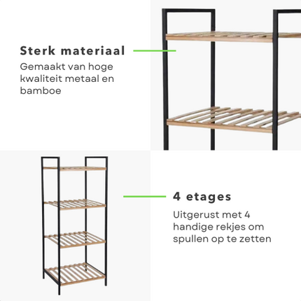 Cheqo® Stevig Badkamerrek - Badkamer Rek - Opbergrek - Badkamerkast - Met 4 Etages - Bamboe Badkamerkast
