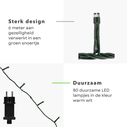 Cheqo® Kerstboomverlichting - Lichtsnoer - Kerstlampjes - Led Verlichting - Kerstverlichting voor Binnen en Buiten - 80 LED - 6m - Warm Wit Kerstboomverlichting