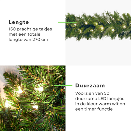 Cheqo® XL Guirlande met Kerstverlichting - Kerstlampjes - Kerstslinger - Warm Wit - 270cm - 150 takjes - 50 LED - Met Timer Functie Guirlande