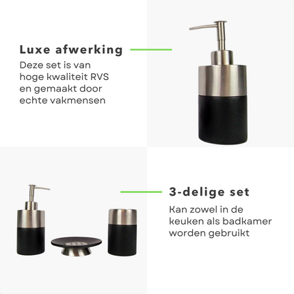 Cheqo® RVS Badset - Zeepdispenser - Wattenschijfjeshouder - Tandenborstelhouder - Zeepbakje - 3 Delig - Zwart Badset