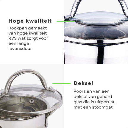 Cheqo® Kookpan 16cm - 1.7L - RVS 18/10 - Glazen Deksel - Maatverdeling - Energiebesparende Bodem - Voor Alle Warmtebronnen Inclusief Inductie - Vaatwasmachine-bestendig Kookpan