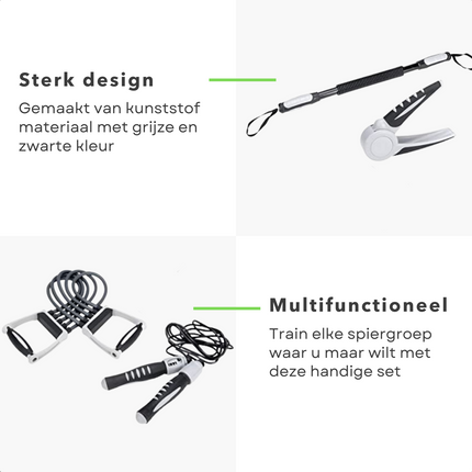 Cheqo® 5-in-1 Fitness Set - Thuis Sporten - Thuis Fitness - Springtouw met Teller - Instelbare Chest Expander - 2 Handtrainers - Power Twister - Home Gym - Conditie - Crossfit Fitnessmaterialen