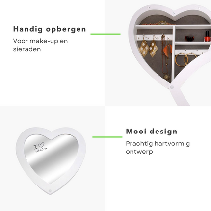 Cheqo® Sieradendoos - Juwelendoos - Sieradenhouder - Bijouterie - Hartvorm met Spiegel Sieradendoos