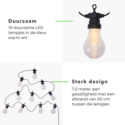 Cheqo® Lichtsnoer - Fairy Lights - Lichtslinger voor Binnen en Buiten - Kerst Verlichting - Tuinverlichting - Feestverlichting - Warm Wit - 10 LED Reflector Bolletjes - 7.5 Meter Lichtsnoeren