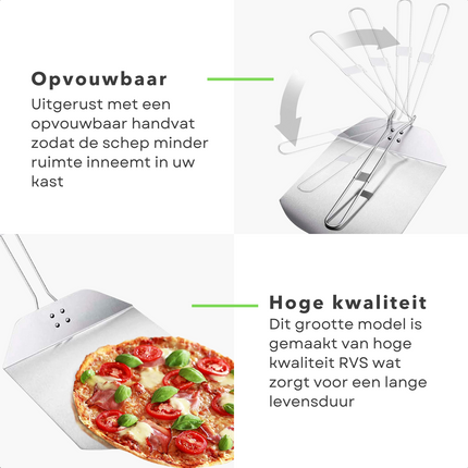 Cheqo® Inklapbare Pizzaschep - Pizza Schep - Pizzaspatel - Taartschep - Keukengerei - Spatel voor BBQ en Oven - RVS - 35x25cm - 34cm Lange Handgreep Pizzaschep