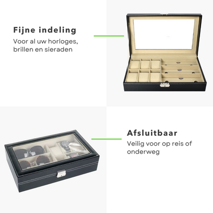 Cheqo® Luxe Horlogedoos - Horloge Etui - Opbergdoos voor 6 Horloges en 3 Brillen - Brillendoos Horlogebox