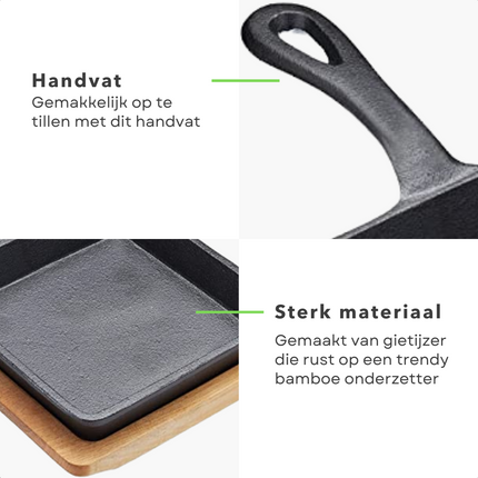 Cheqo® Braadpannetje - Tapaspan - Koekenpan - Voor Oven en Gasfornuis - Gietijzer - Met Onderzetter - 14x14 cm Koekenpan