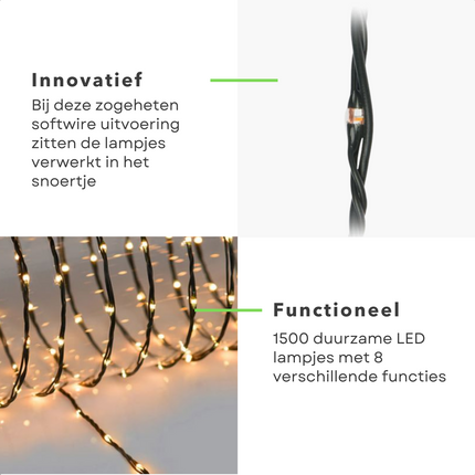 Cheqo® XL Draadverlichting - Kerstverlichting - Kerstlampjes - Kerstboomverlichting -  Lampjes Slinger - Lichtsnoer - LED Lampjes voor Binnen en Buiten - 45 Meter - 1500 LED - Extra Warm Wit Kerstboomverlichting