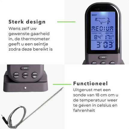 Cheqo® Draadloze Vleesthermometer - Keukenthermometer - Kernthermometer - Oventhermometer - Vleesthermometer Digitaal - Vlees Thermometer - Met Ontvanger Vleesthermometer