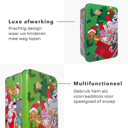 Cheqo® Tom & Jerry Kerstblikken - Voorraadbus - Voorraadpotten - Koektrommel - Kerstdecoratie - Tom en Jerry - 2 stuks Kerstdecoratie