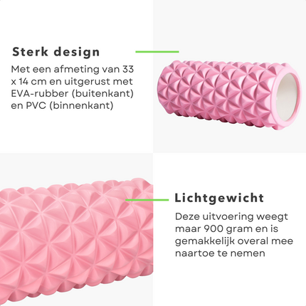 Cheqo® PRO FIT Foamroller - Yoga Roller - Fitness Foam Roller - Triggerpoint Massage - Yoga - Pilates - Grid Roller - 33x14cm - Roze Foamrollers