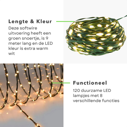 Cheqo® Draadverlichting - Kerstverlichting - Kerstlampjes - Kerstboomverlichting -  Lampjes Slinger - Lichtsnoer - LED Lampjes voor Binnen en Buiten - 9 Meter - 120 LED - Extra Warm Wit Kerstboomverlichting