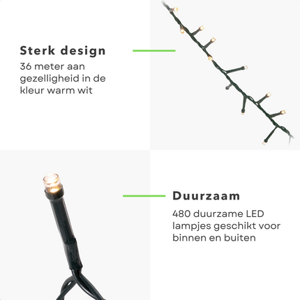 Cheqo® Kerstboomverlichting - Lichtsnoer - Kerstlampjes - Led Verlichting - Kerstverlichting - 480 LED - 36 meter - Binnen en Buiten - Warm Wit Kerstboomverlichting