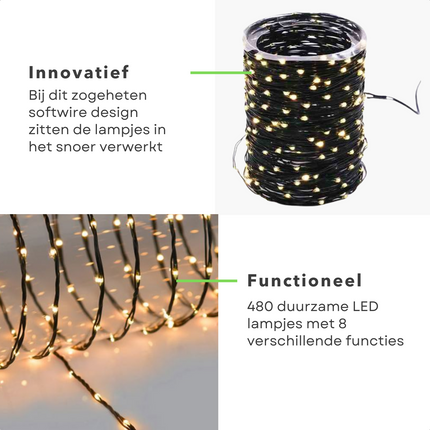 Cheqo® Draadverlichting - Kerstverlichting - Kerstlampjes - Kerstboomverlichting -  Lampjes Slinger - Lichtsnoer - LED Lampjes voor Binnen en Buiten - 36 Meter - 480 LED - Extra Warm Wit Kerstboomverlichting
