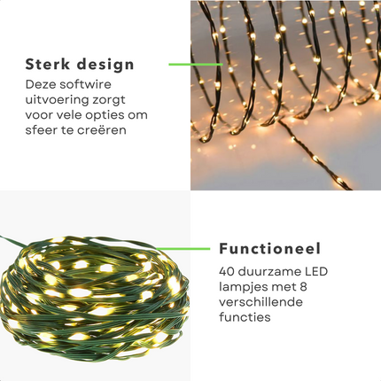 Cheqo® Draadverlichting - Kerstverlichting - Kerstlampjes - Kerstboomverlichting -  Lampjes Slinger - Lichtsnoer - LED Lampjes voor Binnen en Buiten - 40LED - Extra Warm Wit Lichtsnoer