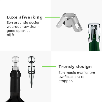 Cheqo® Luxe Wijnset - Champagne Set met Schenktuit - Wijnstopper - Wijnafsluiter Set Wijnafsluiter