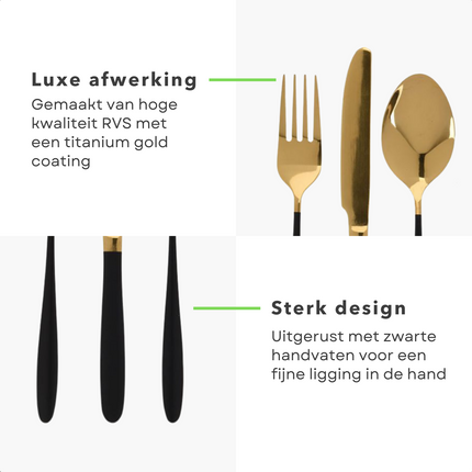 Cheqo® Luxe Bestekset - Zwart Bestek - Goud Bestek - Gouden Bestekset - 16 Delig - RVS - 4 Personen - Zwart Goud Bestek - Titanium Gold Coating Bestekset