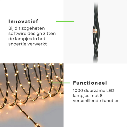 Cheqo® XL Draadverlichting - Kerstverlichting - Kerstlampjes - Kerstboomverlichting -  Lampjes Slinger - Lichtsnoer - LED Lampjes voor Binnen en Buiten - 30 Meter - 1000 LED - Extra Warm Wit Kerstboomverlichting