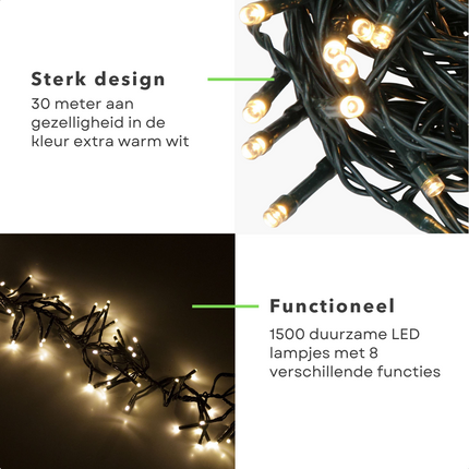 Cheqo® Kerstboomverlichting - Micro Clusterverlichting - Kerstlampjes - Led Verlichting - Kerstverlichting voor Binnen en Buiten - 1500 LED - 8 Meter - 8 Lichtfuncties - Extra Warm Wit Clusterverlichting