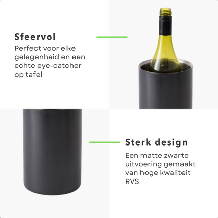 Cheqo® Luxe Zwarte Wijnkoeler - Zwart - RVS - Fleshouder - Drankkoeler - Dubbelwandig Wijnkoeler