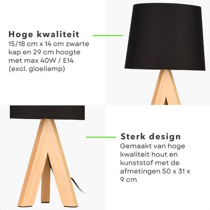 Cheqo® Luxe Tafellamp met Houten Poten - Bedlamp - Lamp - Sfeerverlichting - Ronde Kap - ø18cm - 29cm Hoog - Adapter - Zwarte Kap Tafellamp