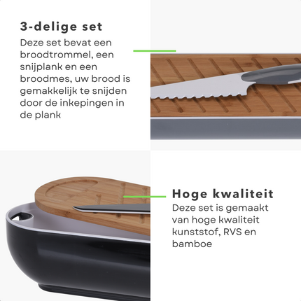 Cheqo® Stokbrood Snijplank met Broodmes - Stokbroodsnijder met Broodtrommel - Stokbrood Snijden - Snijder - Grijs - Kartelmes 15cm Lang - 40x12.5x8.5cm Snijplank