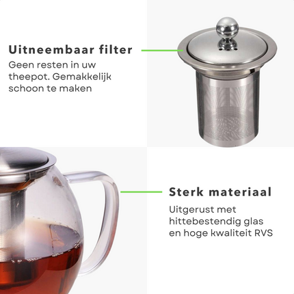 Cheqo® Theepot met Filter - Uitneembaar Filter - 1.2 liter - RVS Theepot