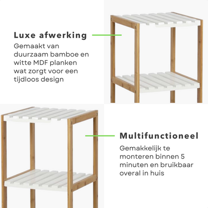Cheqo® Badkamer Rek - Hoog Badkamerrek - 3 laags - Opbergrek - Bamboe en MDF - Badkamerkast - Badkamermeubel - Handdoeken Badkamerkast