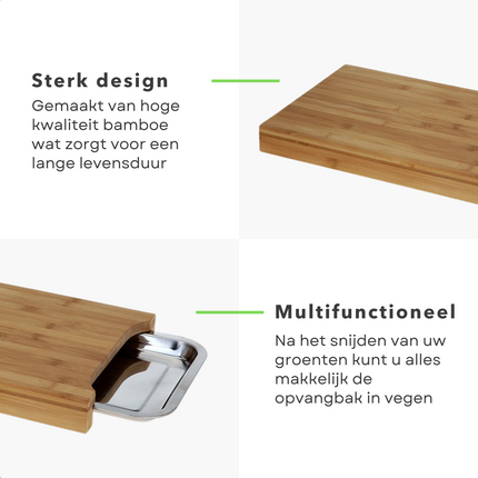 Cheqo® Snijplank met Opvangbak voor Snijafval - Snijplank Bamboe - 1 RVS Lade - Uitschuifbaar - Snijplank met Afvalbak - 35x25x4cm Snijplank