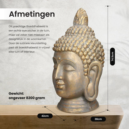 Cheqo® Luxe Boeddha Beeld - Buddha Beeld voor Binnen en Buiten - Boeddha Hoofd - Tuinbeeld - Brons - 74.5cm Buddha hoofd