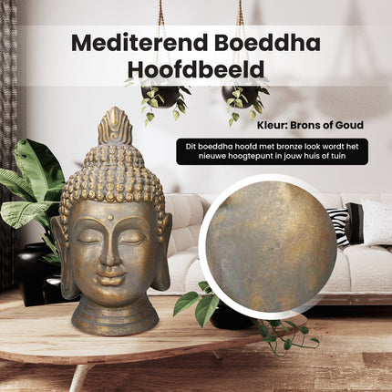 Cheqo® Luxe Boeddha Beeld - Buddha Beeld voor Binnen en Buiten - Boeddha Hoofd - Tuinbeeld - Brons - 74.5cm Buddha hoofd