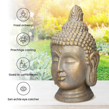 Cheqo® Luxe Boeddha Beeld - Buddha Beeld voor Binnen en Buiten - Boeddha Hoofd - Tuinbeeld - Brons - 74.5cm Buddha hoofd