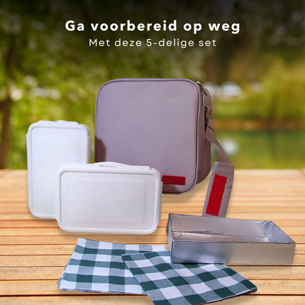 Cheqo® Complete Lunchtas - Picknicktas - Picknickset - Picknickmand - Koelbox - Grijs-  2 Lunchboxen - Tray - 2 Katoenen Servetten - Met Draagriem & Handvat Koelbox