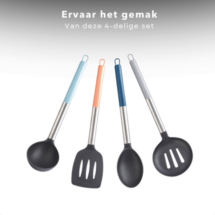 Cheqo® Luxe Keukengerei Set - Spatelset - Keuken Spatel - Kookgerei Set - Hittebestendig - Spatels - Met Bakspaan - Pollepel - Schuimspaan - Opscheplepel - 4 Stuks Keukengerei Set