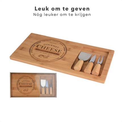 Cheqo® Luxe Kaasplank - Bamboe Hout - Kaasplankje - Serveerplank - Tapasplank - Borrelplank - Inclusief 3 Messen Kaasplank