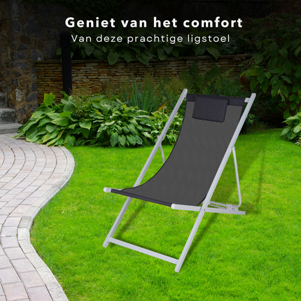 Cheqo® Ligstoel met Kussen - Strandstoel - Tuinstoel - Wit Aluminium Frame - Grijs/Zwart Doek - Inklapbaar - Verstelbaar - 101x61x91cm - Gewicht 3.8kg - Wit Frame Campingstoel