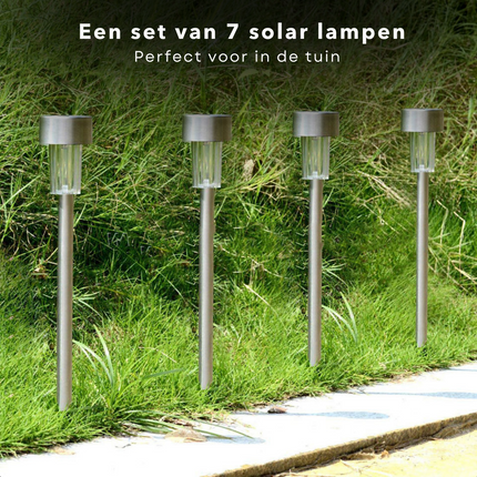 Cheqo® LED RVS Grondspot - Waterdicht - Buitenverlichting - Buitenlamp - Padverlichting - Solar Tuinspot - Tuinverlichting met Zonnepaneel - Solarlamp - 36.5cm - 7 Stuks Grondspot