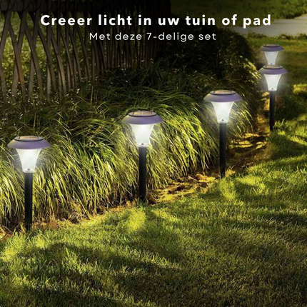 Cheqo® LED Grondspot - Waterdicht - Buitenverlichting - Buitenlamp - Padverlichting - Solar Tuinspot - Tuinverlichting met Zonnepaneel - Solarlamp - 28cm - 7 Stuks Grondspot