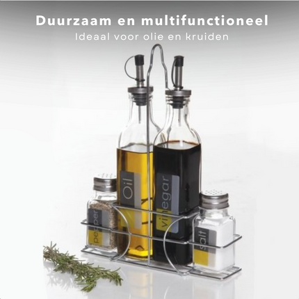 Cheqo® Azijnstel - Peper en Zout Set - Oliefles - Azijnfles - RVS - Met Houder - Kruidenrek Kruidenrek