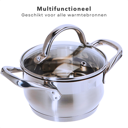Cheqo® Kookpan 16cm - 1.7L - RVS 18/10 - Glazen Deksel - Maatverdeling - Energiebesparende Bodem - Voor Alle Warmtebronnen Inclusief Inductie - Vaatwasmachine-bestendig Kookpan