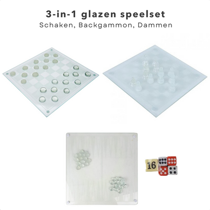 Cheqo® 3-in-1 Glazen Bordspel Set - Schaken - Checkers - Backgommen - Schaken - Met Accessoires - 35x35cm Bordspellen