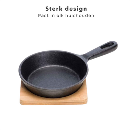 Cheqo® Gietijzeren Steelpan - Tapaspan - Ovenschotel - Voor in de Oven - Met Serveerplank - ø12.5cm Steelpan
