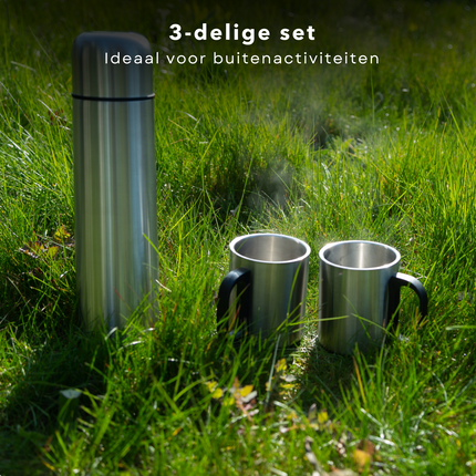 Cheqo® Isolatiekan 1L met 2 Bekers - 1000ml - Thermoskan - Isolatiefles - Drinkfles Vacuüm Geïsoleerd - BPA-Vrij Isolatiefles