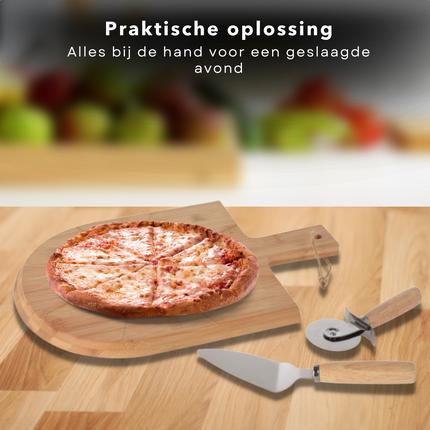 Cheqo® Pizza Snijplank - Pizza Set - Pizza Serveerset - Met Pizzasnijder en Spatel - Pizza Snijder - RVS - Duurzaam Bamboe - 43x30x1.5cm Snijplank