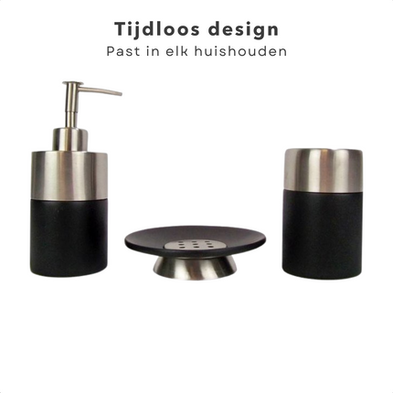 Cheqo® RVS Badset - Zeepdispenser - Wattenschijfjeshouder - Tandenborstelhouder - Zeepbakje - 3 Delig - Zwart Badset