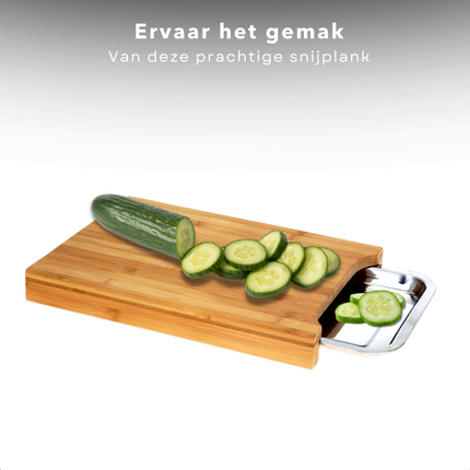 Cheqo® Snijplank met Opvangbak voor Snijafval - Snijplank Bamboe - 1 RVS Lade - Uitschuifbaar - Snijplank met Afvalbak - 35x25x4cm Snijplank
